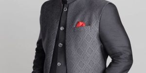 Men 3 Piece Textured Bandhgala Dark Grey