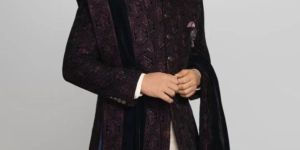 Wine Color Mens Velvet Embroidery Long Suit