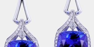 Vivid Violet Cushion Shaped 18.45 Carats Women Tanzanite Earrings Dangling With Diamond