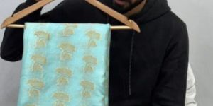 PASTEL FIROZI BLUE CHINIYA SILK LACE WORK BANARASI SAREE