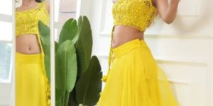 Lime Yellow Cut-work Lehanga for Women