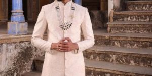 ALMOND BEIGE SHADOW WORK EMBELLISHED MEN SHERWANI SET