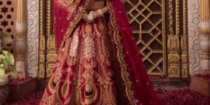 CARMINE RED RAW SILK WOMEN LEHENGA
