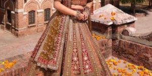 OLIVE GREEN RAW SILK WITH VELVET INFUSED WOMEN LEHENGA