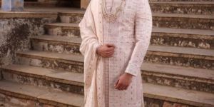 PASTEL PEACH EMBROIDERED MEN SHERWANI SET