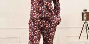 Womens Rayon Night Suit Red Floral Print with Pocket
