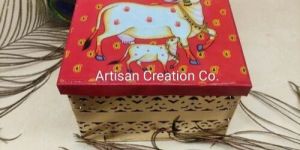 Gold/red Iron Pichwai Printed Box, for Gifting/storage, Size: 6x6x4