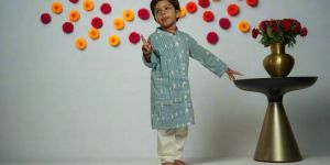 Boys Cloudy Grey Pleats Kurta Set