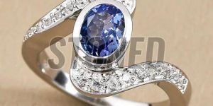 Natural Tanzanite and Moissanite Diamond 14K White Gold Engagement Ring