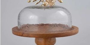 Natural Wooden Cake Stand with Glass Dome