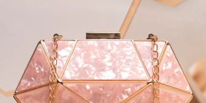 Peach Acrylic MOP Cutout Hexagon Metal Women Clutch Bag