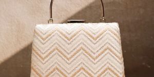 White And Golden Zigzag Embroidery Clutch Bag for Women