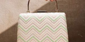 White And Green Zigzag Embroidery Clutch Bag for Women