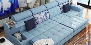 6 Seater Sofa Set:- Linen Sectional Fabric Sofa Set Standard Size (Sky Blue)