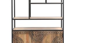 Iron and Mango Wood Book Rack With Carved Door