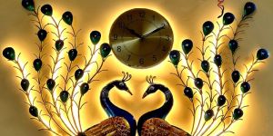 Two Peacock Decorative Hanging Wall Clock With LED Lights For Home Interior