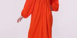 Women Solid Orange V-Neck Midi Dress
