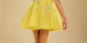 Women Yellow Mini Dress With Embellished Flowers