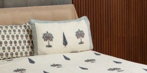 Handblock Blue Cypress and Palm Jute Bed Cover