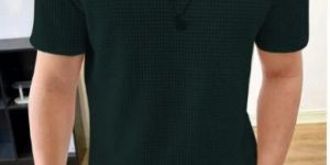 Men Solid Round Neck Waffle Dark Green T-Shirt