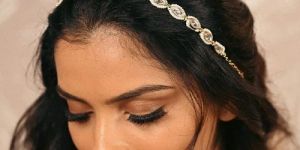 Gold-Plated Kundan, Polki And Pearls Studded Almond-Shaped Women Head Chain