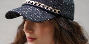 HDC X Emily In Paris Black Tweed Baseball Women Cap With Gold Chain