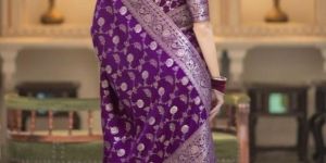 Ladies Purple Embroidered Silk Banarasi Saree