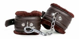 Brown Leather Bdsm Handcuffs with Fur
