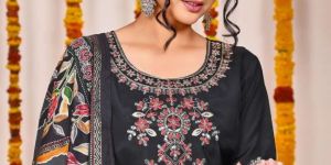 Ladies Black Designer Silk Suit Set