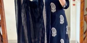 Ladies Navy Blue Printed Cotton Suit Set