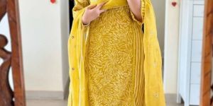 Ladies Yellow Floral Printed Cotton Suit Set