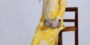 Lucknowi Mulmul Yellow Printed Kurti