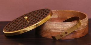 Carved Mango Wood And Metal Roti Box With Tong