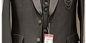 Mens Cotton Black Plain Three Piece Suit