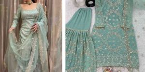 Ladies Faux Georgette With Heavy Embroidery Sequence Work Sharara And Suit Set