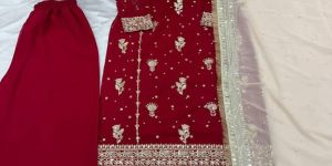 Ladies Red Georgette Heavy Work Palazzo And Suit Set