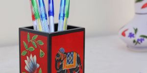 Elephant and Flower Printed Wooden Pen Holder