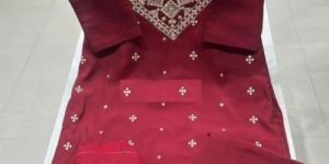 Ladies Embroidered Maroon Cotton Silk Suit