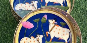 Set of 2 Pichwai Tray ( Blue)