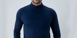 Men Plain Navy High Neck Full Sleeves T-Shirt