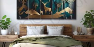 Golden Deer Nature Painting Set of 5 for Home Decoration