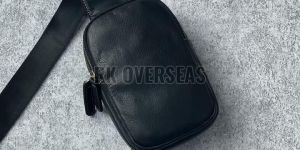 Mens Zipper Plain Black Leather Sling Bag