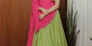 Parrot Green Color Georgette Sequins Embroidery Lehenga Choli For Women