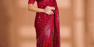 Red Color Georgette Sequins Embroidery Designer Women Saree