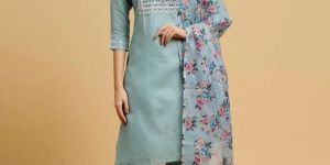 Sky Blue Cotton Kurti with Pant & Dupatta Set For Women