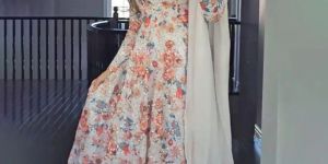 White Color Faux Georgette Digital Print Anarkali Dress