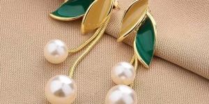 Leaf Pearl Tassel Contemporary Drop Earrings For Girls & Women