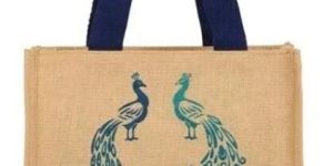 Promotional Peacock Printed Grocery Carry Organic Jute Shopping Bag