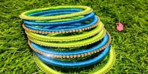 Ladies Green And Blue Stone Silk Thread Bangles