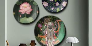 Shrinath Ji and Lotus Pichwai Wall Plates Set of 3